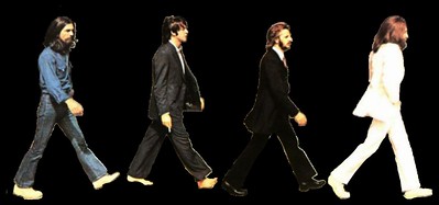 We can see the four Beatles recreating the cover of 'Abbey Road', but in a black background.
