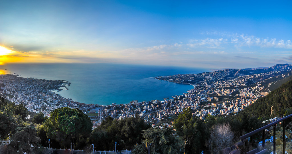 Panoramic image of Jounieh Bay in Lebanon at sunset