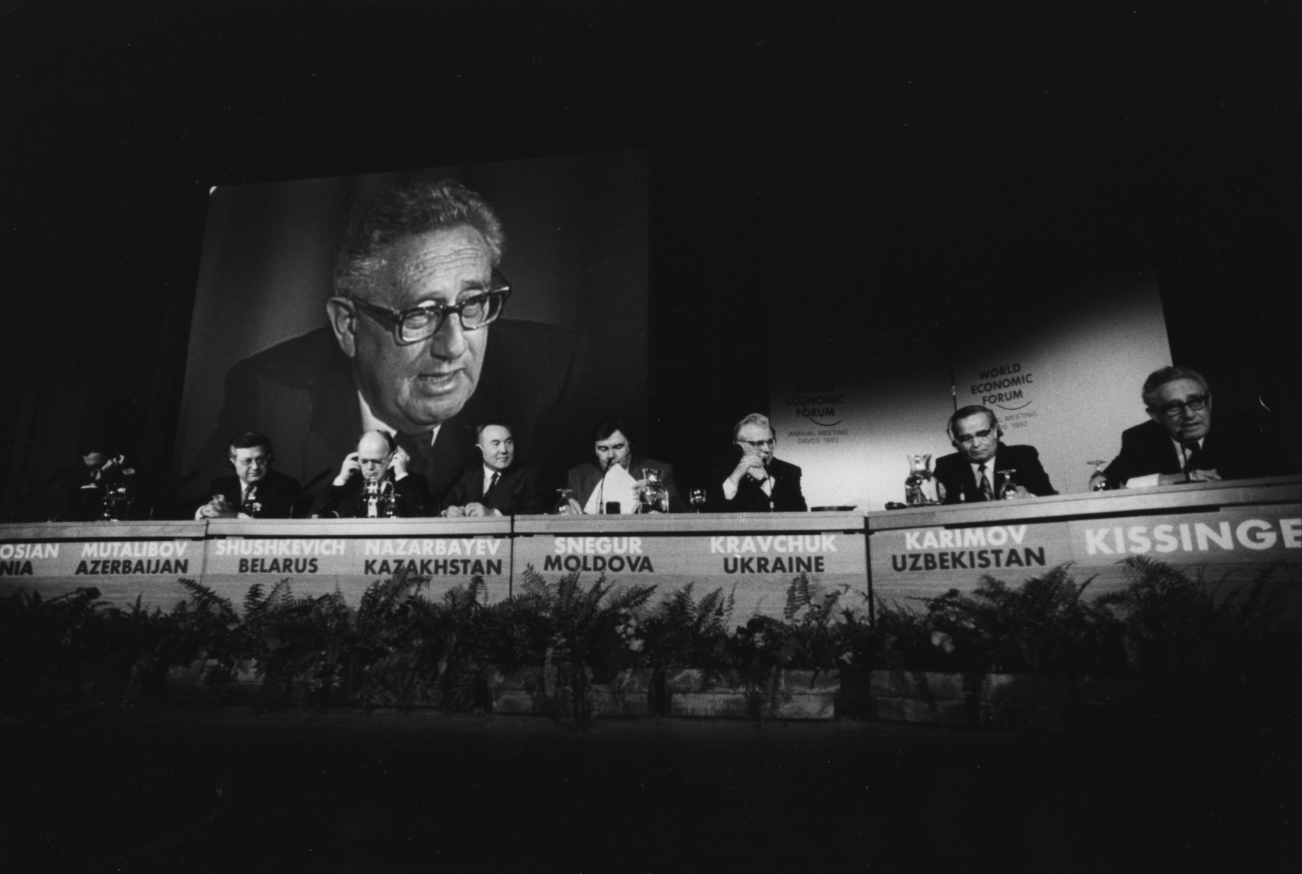 Henry Kissinger speaks on a panel at the World Economic Forum, in Davos, in 1992.