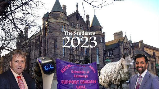 An image of the Teviot Building. In the foreground (L to R) are images of Peter Mathieson, a Bellabot automated server, a UCU protest banner, Fiona the Sheep, and Humza Yousaf.