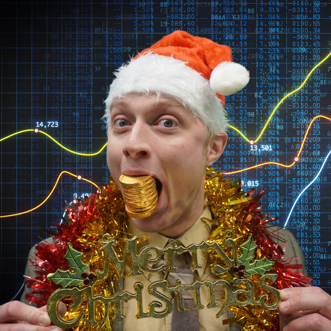 a man with a christmas hat on and coins in his mouth
